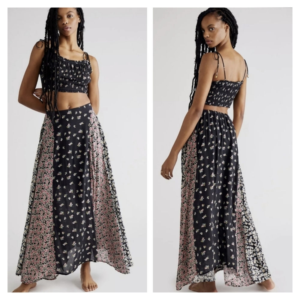 Free People Crop Tank Top Maxi Skirt Coordinated Set Ditzy Floral Black Pink